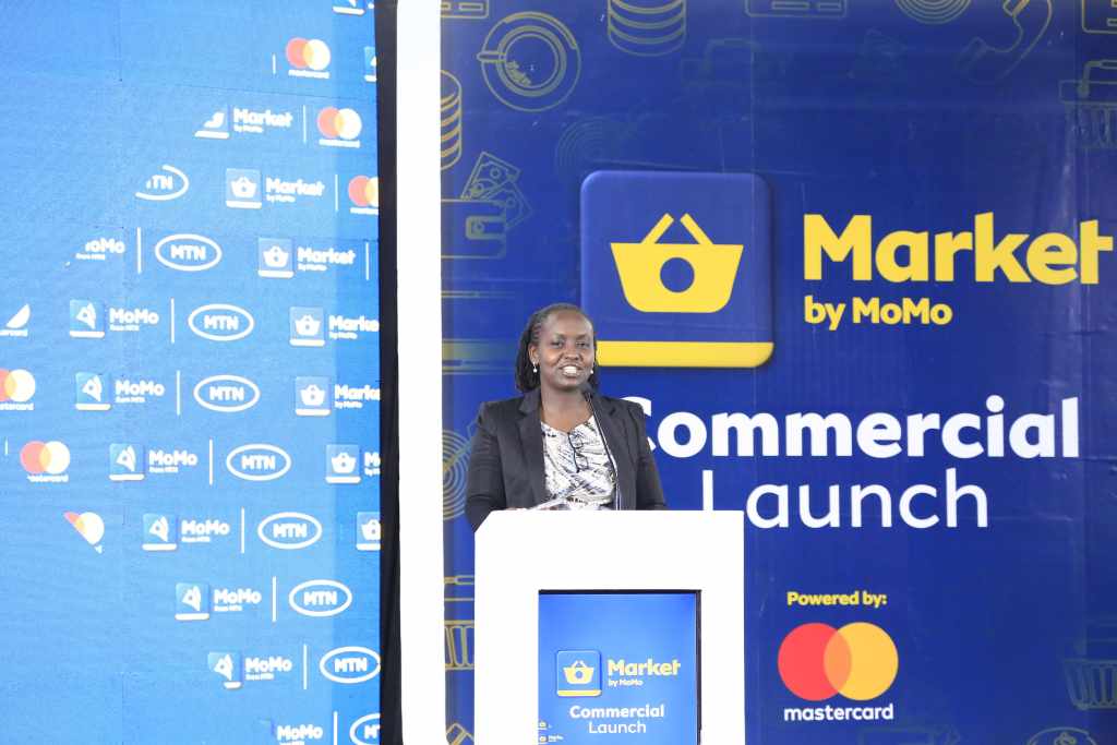 MTN MTN MoMo (U) Limited Chief Finance Office, Sarah Bateta Okwi speaking at the launch of Market by MoMo.