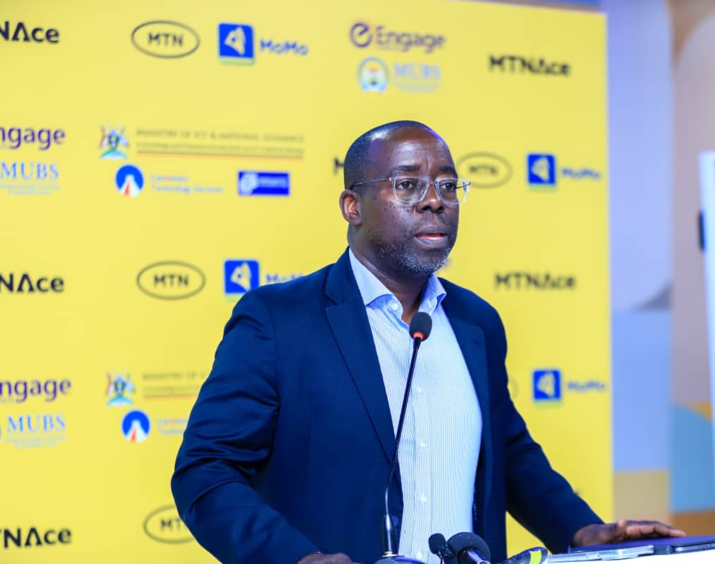 Stephen Mutana, the Chief Strategy and Stakeholder Officer at MTN Mobile Money (U) Limited speaking at the launch of the second cohort of the MTN ACE Program. Courtesy Photo/MTN Uganda